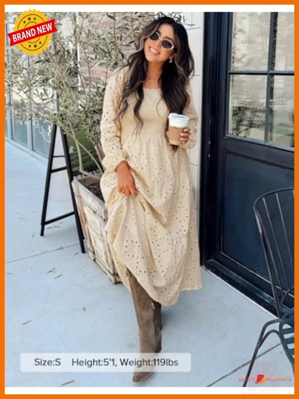 Eyelet Long Sleeve Maxi Dress Smocked Waist Tiered A-Line